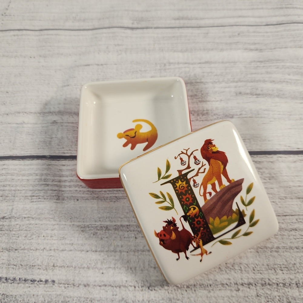 Disney ABC Letters Lion King L Trinket Box Ceramic Simba Pumbaa Timon Red Gold
